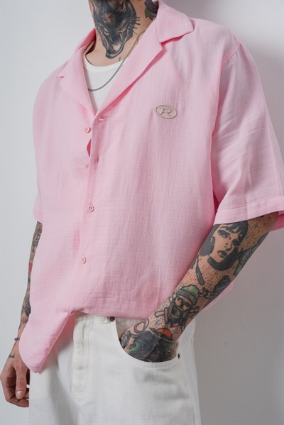 Erkek R Nakışlı Kısa Kollu Müslin Oversize Gömlek Pembe