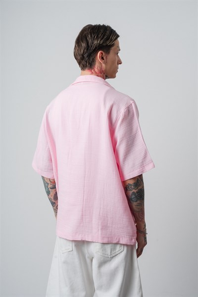 Erkek R Nakışlı Kısa Kollu Müslin Oversize Gömlek Pembe