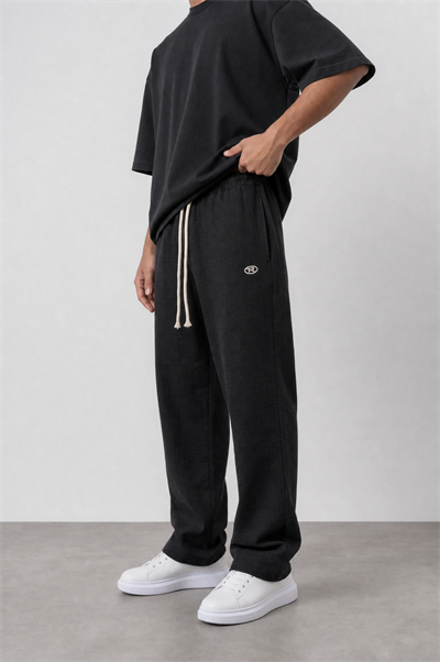 Erkek R Nakışlı Müslin Baggy Pantolon Siyah