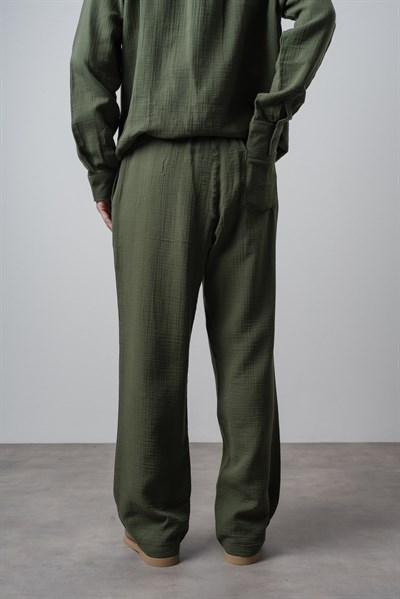 Erkek R Nakışlı Müslin Baggy Pantolon Koyu Haki