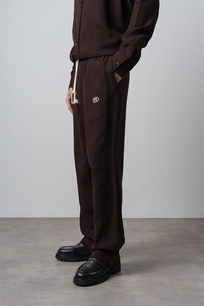 Erkek R Nakışlı Müslin Baggy Pantolon Acı Kahve