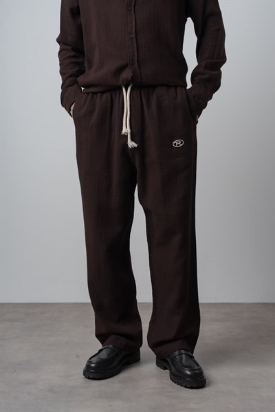 Erkek R Nakışlı Müslin Baggy Pantolon Acı Kahve