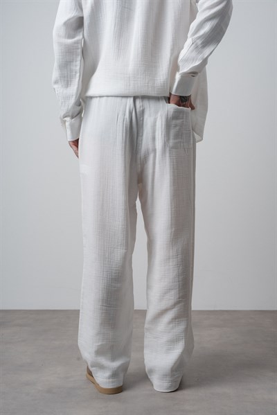 Erkek R Nakışlı Müslin Baggy Pantolon Ekru