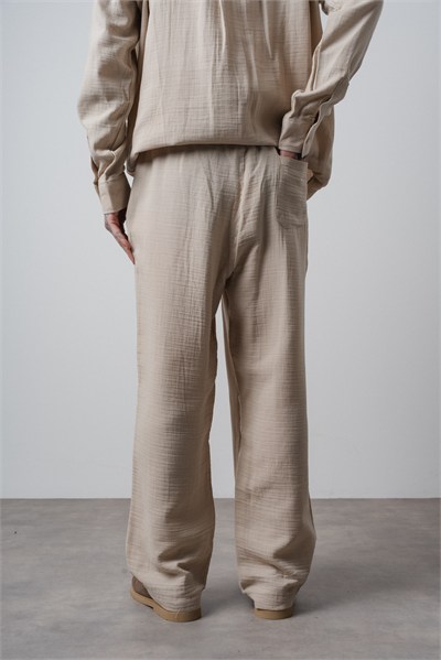 Erkek R Nakışlı Müslin Baggy Pantolon Bej