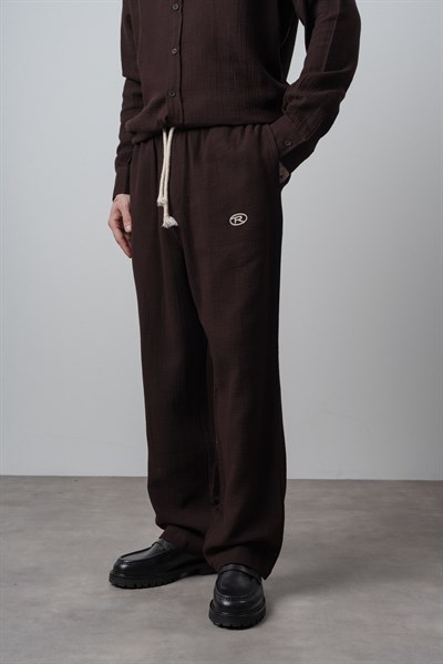 Erkek R Nakışlı Müslin Baggy Pantolon Acı Kahve