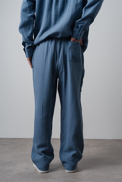 Erkek R Nakışlı Müslin Baggy Pantolon Açık Mavi