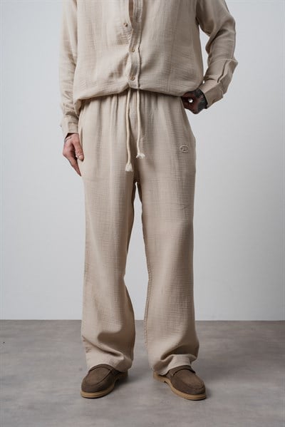 Erkek R Nakışlı Müslin Baggy Pantolon Bej