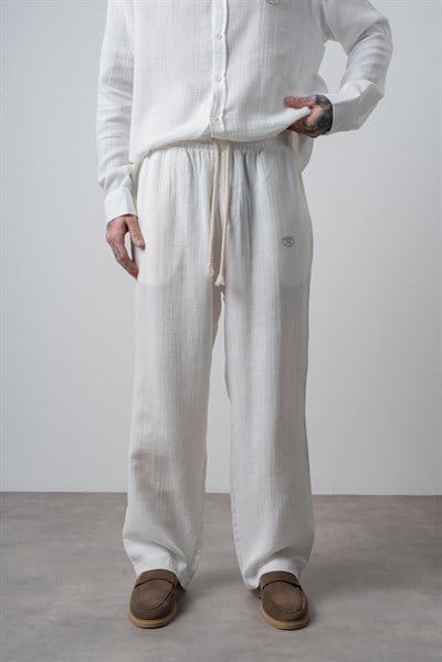 Erkek R Nakışlı Müslin Baggy Pantolon Ekru