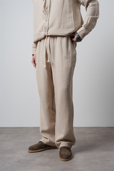 Erkek R Nakışlı Müslin Baggy Pantolon Bej