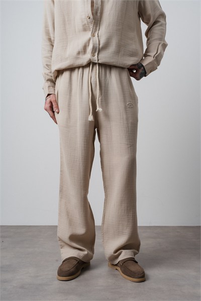 Erkek R Nakışlı Müslin Baggy Pantolon Bej