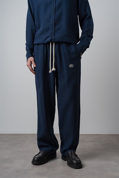 Erkek R Nakışlı Müslin Baggy Pantolon Lacivert