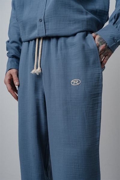 Erkek R Nakışlı Müslin Baggy Pantolon Açık Mavi