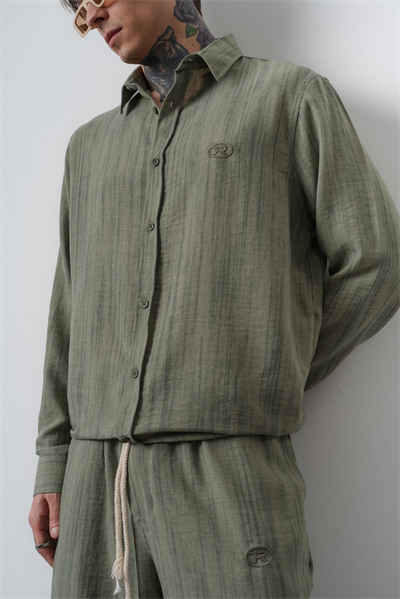 Erkek R Nakışlı Oversize Gömlek Pantolon Takım Çağla