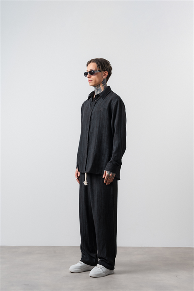 Erkek R Nakışlı Oversize Gömlek Pantolon Takım Siyah