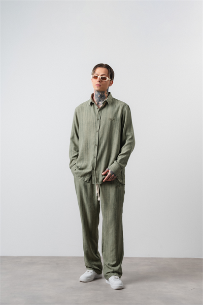 Erkek R Nakışlı Oversize Gömlek Pantolon Takım Çağla