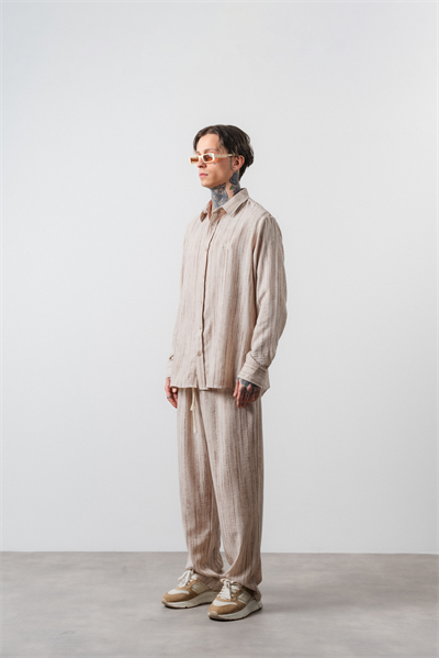 Erkek R Nakışlı Oversize Gömlek Pantolon Takım Bej