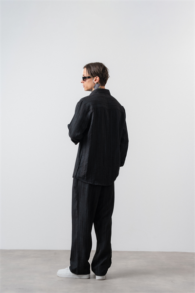 Erkek R Nakışlı Oversize Gömlek Pantolon Takım Siyah