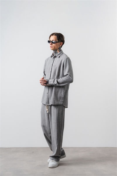 Erkek R Nakışlı Oversize Gömlek Pantolon Takım Gri