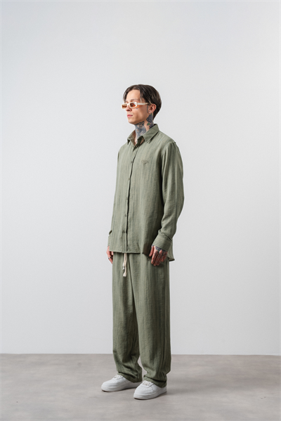 Erkek R Nakışlı Oversize Gömlek Pantolon Takım Çağla