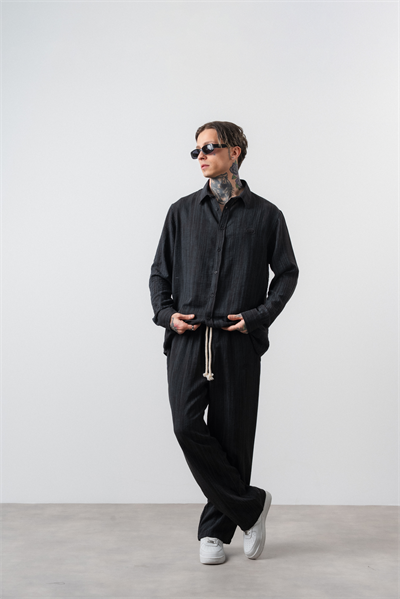 Erkek R Nakışlı Oversize Gömlek Pantolon Takım Siyah