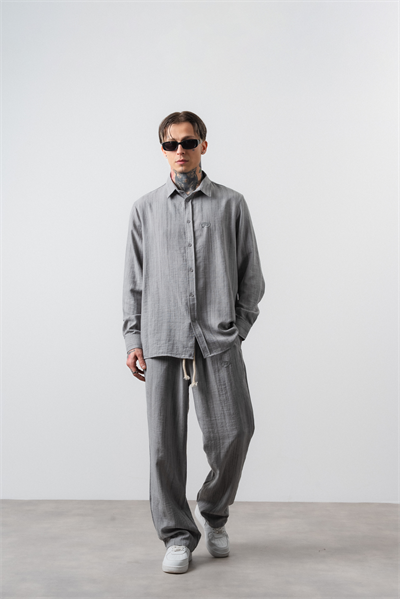 Erkek R Nakışlı Oversize Gömlek Pantolon Takım Gri