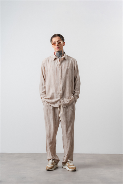 Erkek R Nakışlı Oversize Gömlek Pantolon Takım Bej