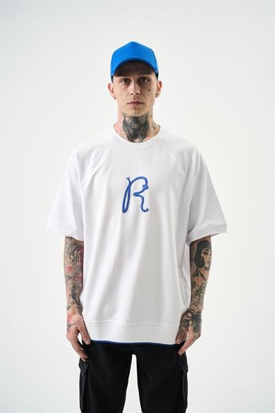 Erkek R Nakışlı Oversize T-Shirt Beyaz