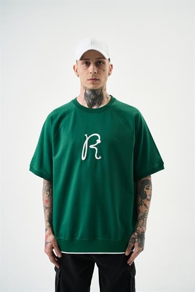 Erkek R Nakışlı Oversize T-Shirt Nefti