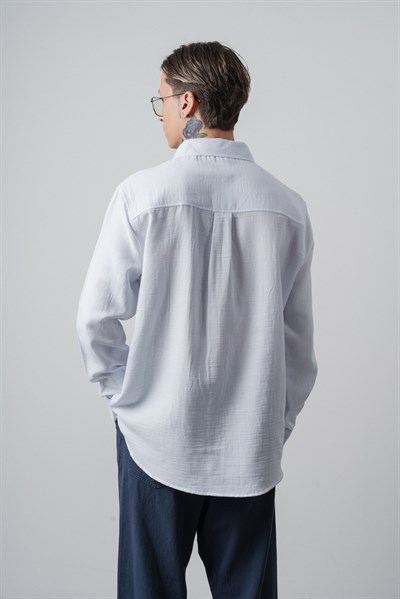 Erkek R Nakışlı Uzun Kollu Müslin Oversize Gömlek Beyaz