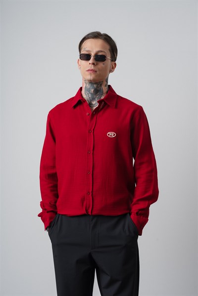 Erkek R Nakışlı Uzun Kollu Müslin Oversize Gömlek Bordo