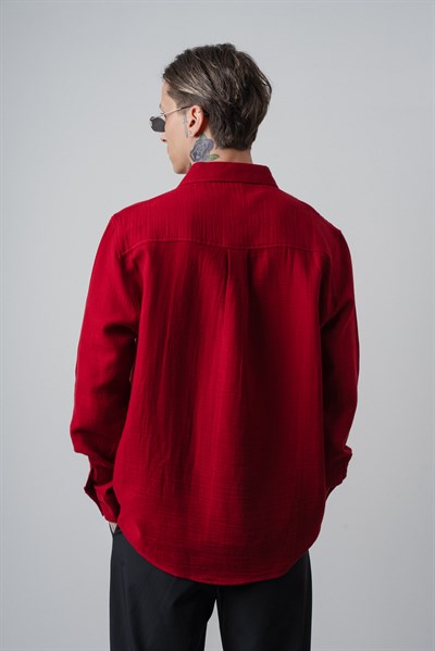Erkek R Nakışlı Uzun Kollu Müslin Oversize Gömlek Bordo
