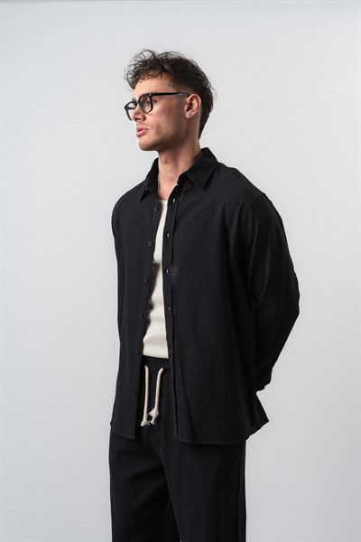 Erkek R Nakışlı Uzun Kollu Oversize Gömlek Siyah