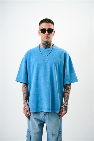 Erkek R Nakışlı Yıkamalı Oversize T-Shirt Mavi