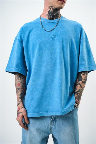 Erkek R Nakışlı Yıkamalı Oversize T-Shirt Mavi