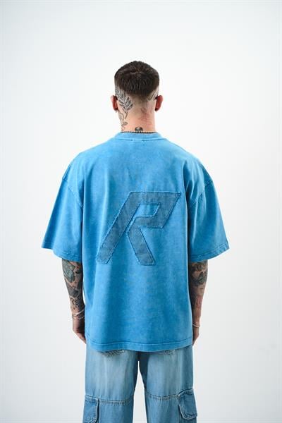 Erkek R Nakışlı Yıkamalı Oversize T-Shirt Mavi
