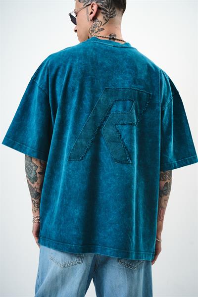 Erkek R Nakışlı Yıkamalı Oversize T-Shirt Petrol