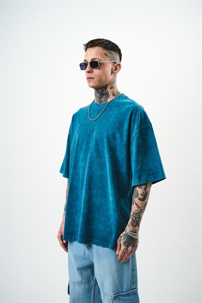 Erkek R Nakışlı Yıkamalı Oversize T-Shirt Petrol