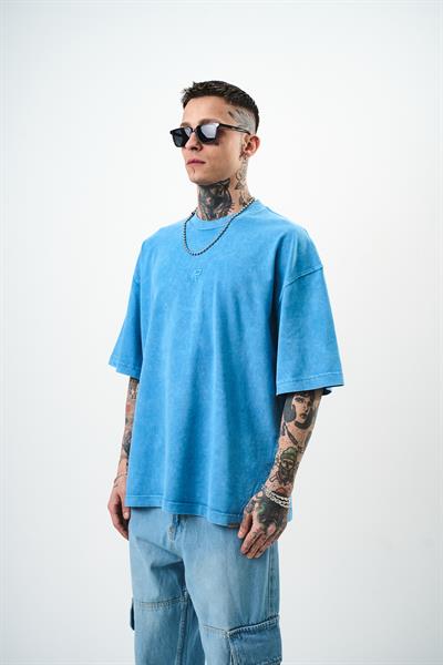 Erkek R Nakışlı Yıkamalı Oversize T-Shirt Mavi