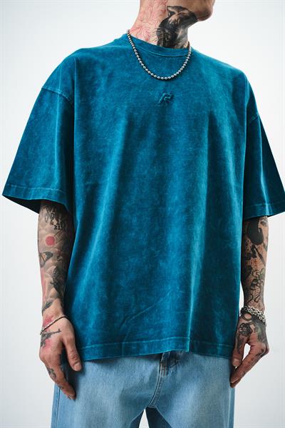 Erkek R Nakışlı Yıkamalı Oversize T-Shirt Petrol