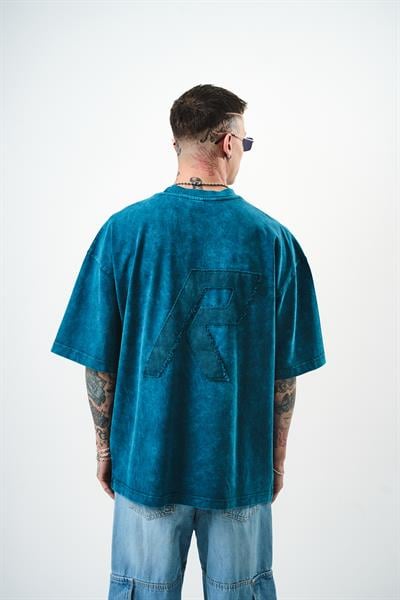 Erkek R Nakışlı Yıkamalı Oversize T-Shirt Petrol