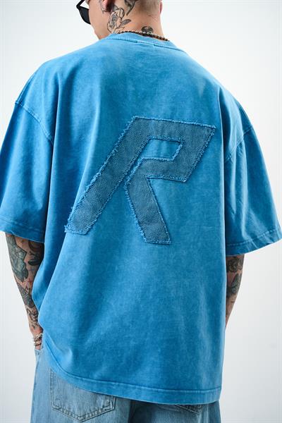 Erkek R Nakışlı Yıkamalı Oversize T-Shirt Mavi