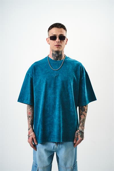 Erkek R Nakışlı Yıkamalı Oversize T-Shirt Petrol