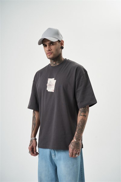 Erkek R Of Spades Baskılı Oversize T-Shirt Füme