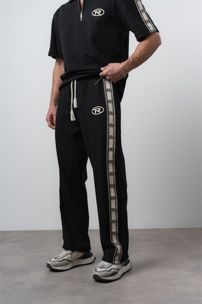Erkek R Şerit Detaylı Baggy Eşofman Altı Siyah