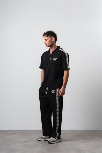 Erkek R Şerit Detaylı Regular Fit T-Shirt Pantolon Takım Siyah
