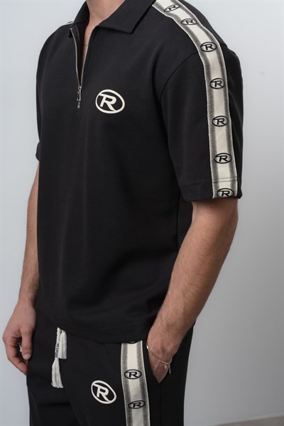 Erkek R Şerit Detaylı Regular Fit T-Shirt Pantolon Takım Siyah