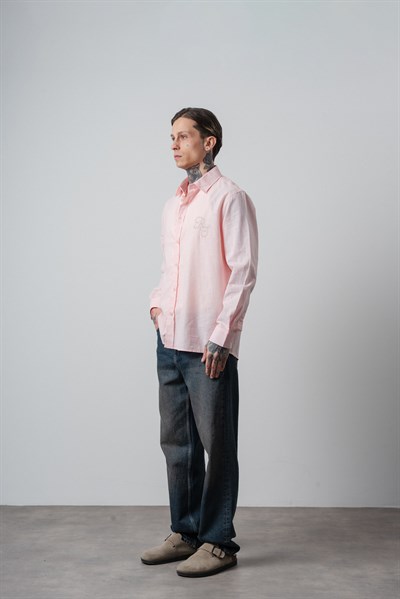 Erkek Res Nakışlı Uzun Kollu Keten Oversize Gömlek Pembe