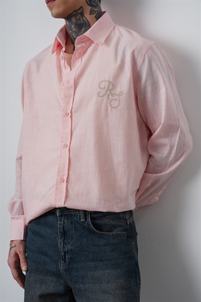 Erkek Res Nakışlı Uzun Kollu Keten Oversize Gömlek Pembe
