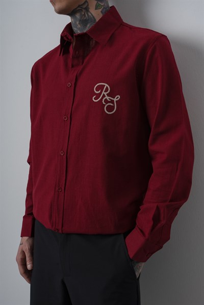 Erkek Res Nakışlı Uzun Kollu Keten Oversize Gömlek Bordo