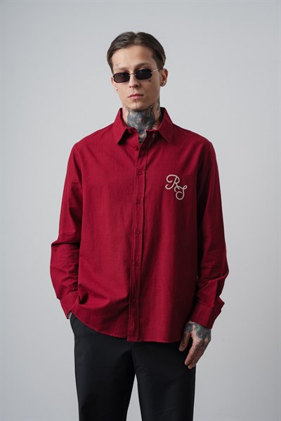 Erkek Res Nakışlı Uzun Kollu Keten Oversize Gömlek Bordo